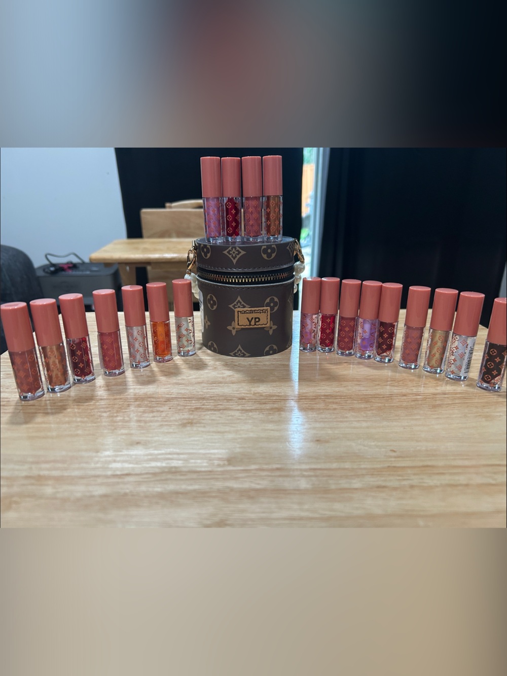 Designer-Inspired Brown Logo Cosmetic Case with Pink Lip Gloss Set